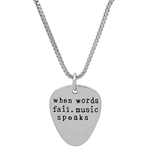 Art Attack When Words Fail Music Speaks Chain Necklace, Electric Guitar Pick Rock N Roll Love Metal Pendant Charm (Silver)