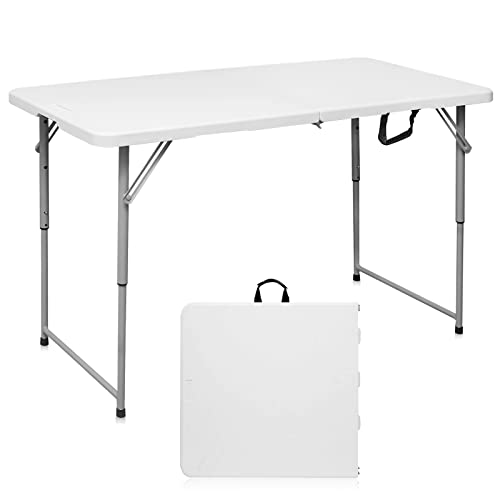 Byliable Folding Table 4 Foot Portable Heavy Duty Plastic Fold-in-Half Utility Table Small Indoor Outdoor Adjustable Height Folding Table with Carrying Handle, Camping and Party,White