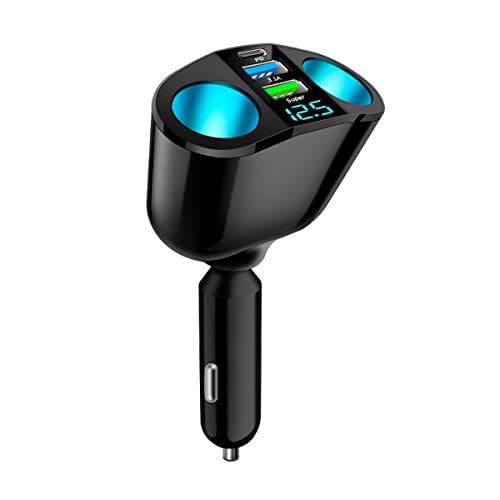 Car Cigarette Lighter Splitter, 2-Socket Cigarette Lighter Adapter with LED Voltmeter, Dual USB QC3.0 Type-C 20W PD Fast Car Charger, 12V/24V Car Splitter Adapter for Smart Phone GPS Dash Cam