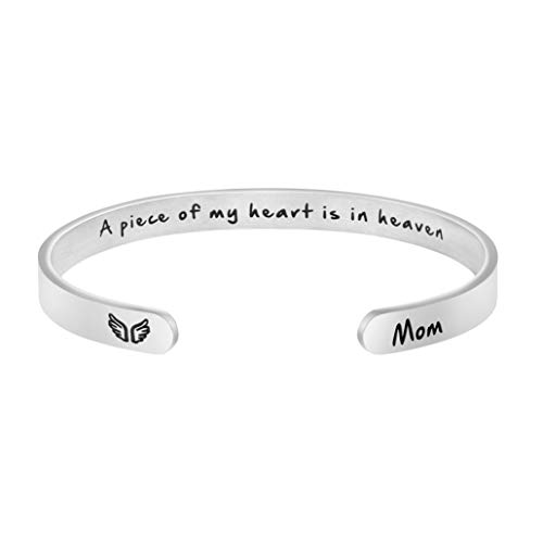 JoycuFF A Piece Of My Heart Is In Heaven Memorial Jewelry Loss of Mom Sympathy Gifts for Women Remembrance Mantra Cuff Bracelet
