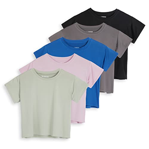 Real Essentials 5 Pack: Womens Crop Top High Waist Quick Dry Fit Active Wear Yoga Workout Athletic Running Gym Exercise Ladies Short Sleeve Crew Neck Moisture Wicking Tees T-Shirt Summer - Set 1, M