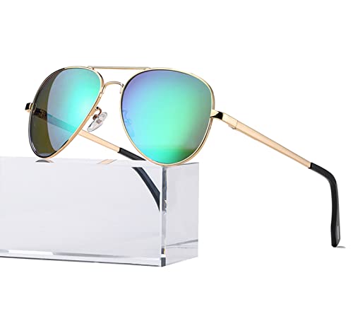 HJSTES Polarized Aviator Sunglasses for Women Men Classic Metal Shades Mirror Lens 100% UV Blocking, 58mm(Gold Frame/Green Mirrored)