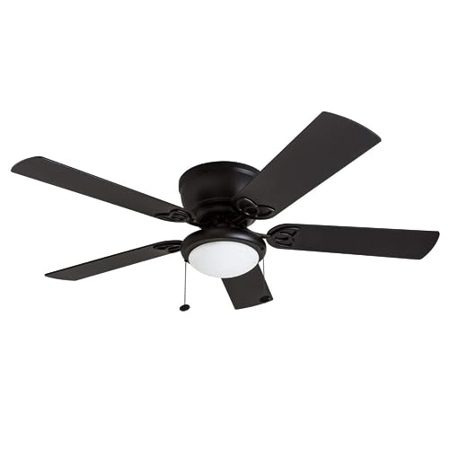 Prominence Home Benton, 52 Inch Traditional Flush Mount Indoor LED Ceiling Fan with Light, Pull Chains, Dual Finish Blades, Reversible Motor - 50853-01 (Matte Black)