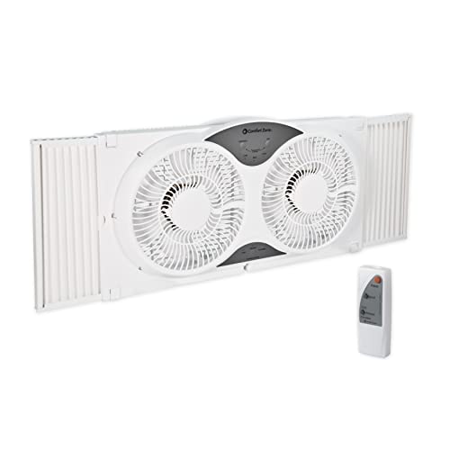 Comfort Zone Twin Window Fan with Remote Control, Removable Cover, Reversible, 9 inch, 3 Speed, 3 Function, Expandable, Exhaust, Airflow 8.40 ft/sec, Ideal for Home, Kitchen, Bedroom & Office, CZ310R