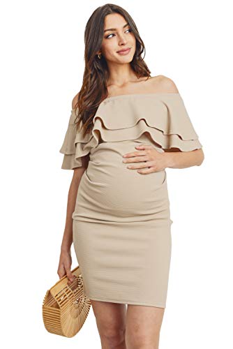 LaClef Women's Off Shoulder Maternity Dress with Double Ruffle, Taupe Solid, Small