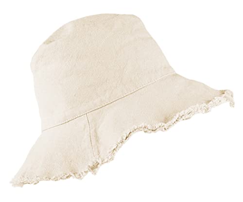 Bucket-Hat Distressed Sun-Protection Washed-Cotton - Summer Wide Brim Beach Cap (Beige)