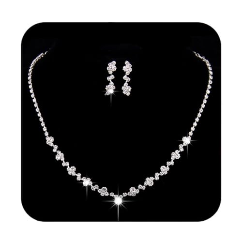 Unicra Bride Crystal Necklace Earrings Set Bridal Wedding Jewelry Sets Rhinestone Choker Necklace Prom Costume Jewelry Set for Women and Girls (3 piece set - 2 earrings and 1 necklace) (silver)