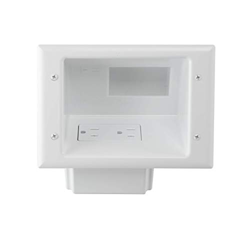 DATA COMM 45-0071-WH Recessed Low Voltage Cable Plate with Built-In Duplex Receptacle Outlet, Easy To Install - Ideal for Home Theater, TV & Power Cable Management, Mid-Size, White