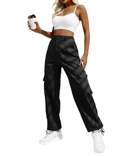 Women's Casual Mid Waist Cargo Pans Stretch Wide Leg Pants with Pockets Black