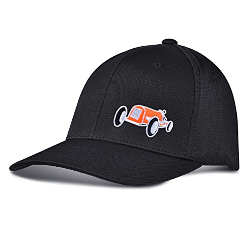 Men’s Fitted Flexfit Embroidered Vintage Retro Race Car Baseball Hat (S/M) Black