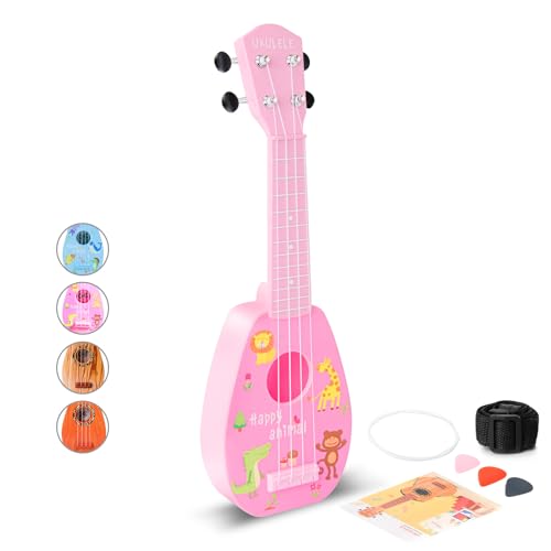 YOLOPARK 17' Kids Toy Guitar for Girls Boys, Mini Toddler Ukulele Guitar with 4 Strings Keep Tones Can Play for 3, 4, 5, 6, 7 Year Old Kids Musical Instruments Educational Toys for Beginner (Pink)
