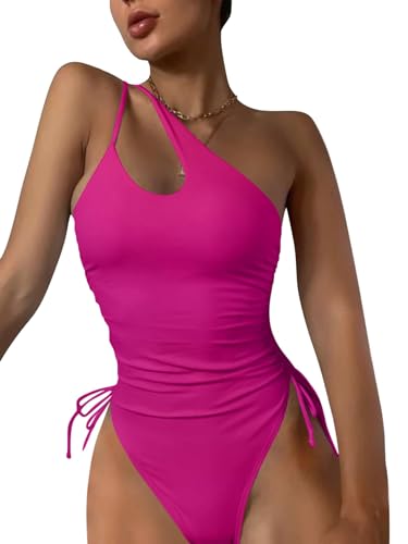 Eomenie Women One Piece One Shoulder Swimsuit with Drawstring Tummy Control Bathing Suits Sexy High Cut Swim Suits Hot Pink