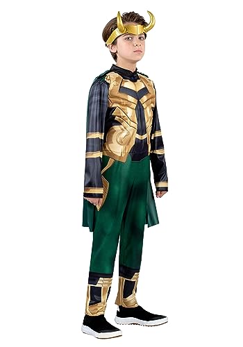 Marvel Loki Official Youth Costume - Padded Jumpsuit with Detachable Cape and Plastic Headpiece Multi