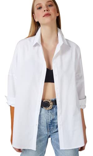 Oversized Button Down Shirts for Women, Casual Long Sleeve Dressy Blouses Tops (Small, White)