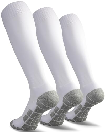 CWVLC Youth Soccer Socks 3 Pairs Girls Boys Sport Team Athletic Knee High Long Tube Cotton Compression Socks White Medium (5Y-7Y Youth/6-10 Women)