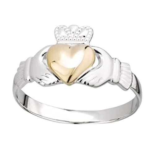 Biddy Murphy Irish Claddagh Friendship Ring, 925 Sterling Silver & 10k Gold, Imported Celtic Jewelry,Size 5.5