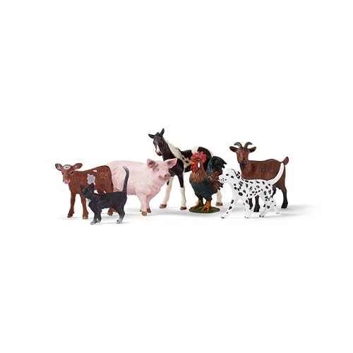 Schleich Farm World 7-Piece Farm Animal Gift Set Including Dalmatian, Cat, Pig, Goat, Rooster, Texas Longhorn Calf and Pinto Foal Animal Toys