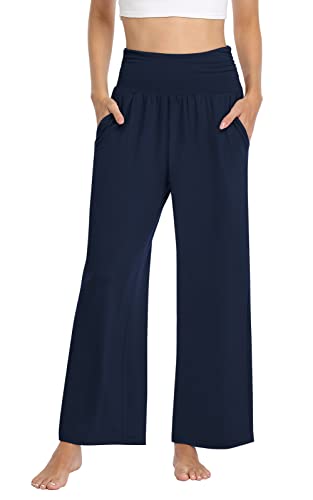 TARSE Womens Plus Size Pants Elastic Waist Yoga Pants Comfy Lounge Pajama Flowy Pants Pockets Sweatpants(Navy,3XL XXXL)