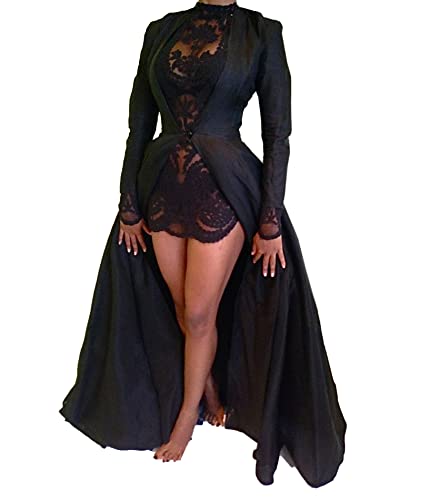 xxxiticat Women's Sexy 2Pcs Gothic Lace Sheer Jacket Long Dress Gown Party Halloween Costume Outfit(BL,XL)