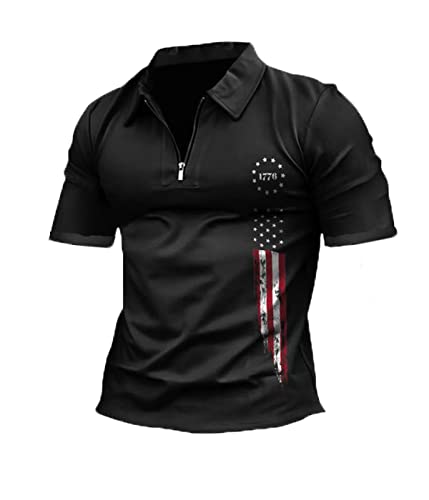 HARGLESMAN Mens 1776 American Falg Short Sleeve T-Shirt Summer Tactical Zipper Shirts Breathable Lightweight Tennis Athletic Tees Tops for Independence National Day Black XL