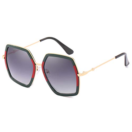 iKANOO Oversized Square Sunglasses for Women Hexagon Inspired Designer Style Shades (Red&green)