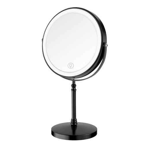 Lighted Makeup Mirror, 8' Rechargeable Double Sided Magnifying Mirror with 3 Colors, 1x/10x 360° Rotation Touch Screen Vanity Mirror with Lights, Brightness Adjustable Magnification Light up Mirror