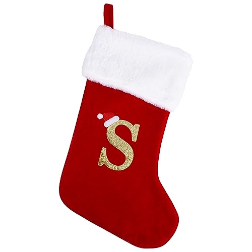 20 Inches Monogram Christmas Stockings with Letters, Large Super Soft Christmas Stockings Red Velvet with White Super Soft Plush Cuff for Christmas Xmas Tree Holiday Fireplace Family Decor Gifts (S)