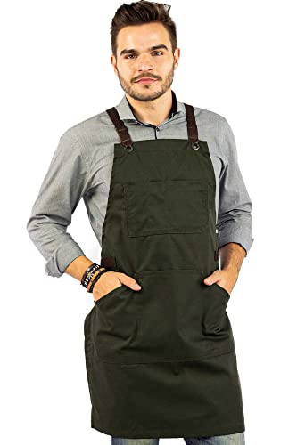 Under NY Sky Essential Army Green Apron – Cross-Back with Durable Twill and Leather Reinforcement – Adjustable for Men and Women – Pro Chef, Tattoo Artist, Baker, Barista, Bartender, Server Aprons