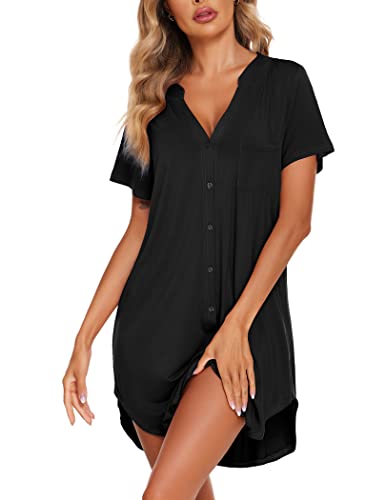 Ekouaer Women Sleep Dress Short Sleeve Nightshirt Deep V Neck Sleep Tee Split Hem Nightgown Black