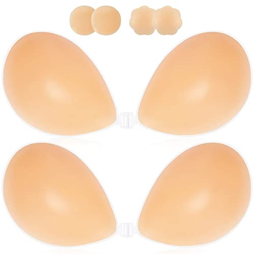Adhesive Bra Sticky Bra Push Up 2 Pairs, Invisible Silicone Bra,Backless Strapless Bra for Large Breasts with Pasties Nipple Covers for Women（Creme+Creme/D） 1