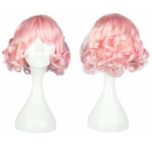 KiyaCos Short Curly Wavy Layered Harajuku Cosplay Wigs Costume Hair Pastel Pink