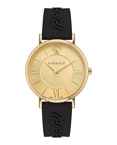 Versace V-Eternal Collection Luxury Mens Watch Timepiece with a Black Strap Featuring a Gold Case and Gold Dial