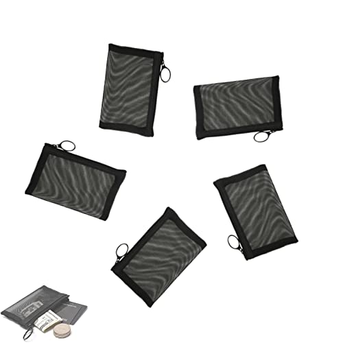 Patu Mini Zipper Mesh Bags, 3' x 4', Size XS / A8, 5 Pieces, Keychain Pouch Key Holder, Coin Purse, Clear Travel Kit Small Item Cosmetic Organizer, Black