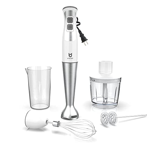Immersion Hand Blender, UTALENT 5-in-1 8-Speed Stick Blender with 500ml Food Grinder, BPA-Free, 600ml Container,Milk Frother,Egg Whisk,Puree Infant Food, Smoothies, Sauces and Soups - White