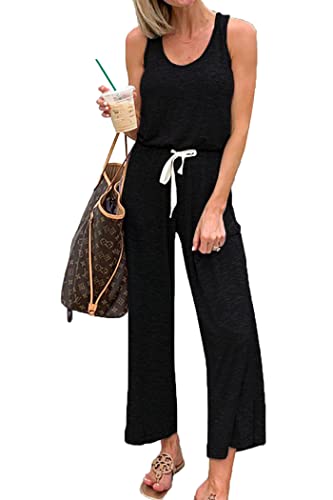 PRETTYGARDEN Women's Casual Sleeveless Solid Jumpsuit Crewneck Drawstring Waist Stretchy Long Pants Romper (A-black,Small)