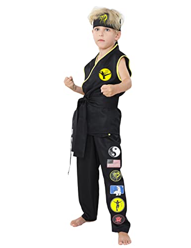 Treyrea Cobra Costume Gi Karate Dress Up Uniform With Headband Belt Pretend Play Halloween Party Cosplay Outfit for Kids (L(8T-10T), black 2)