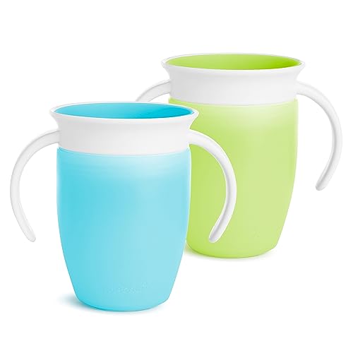 Munchkin Miracle 360 Trainer Sippy Cup with Handles, Spill Proof, 7 Ounce, 2 Count (Pack of 1), Green/Blue