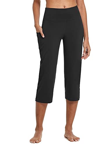 BALEAF Yoga Pants for Women Capris High Waist Leggings with Pockets Wide Leg Exercise Workout Crop Straight Open Bottom Black XXL