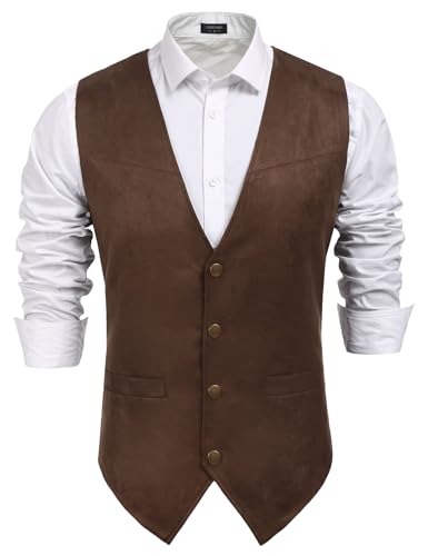 COOFANDY Men Suede Leather Suit Vest Casual Western Vest Jacket Slim Fit Vest Waistcoat