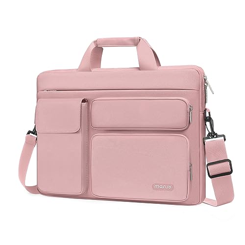 MOSISO Laptop Shoulder Bag Compatible with MacBook Air 15 inch M3 M2 2024 2023/Pro 16 M3 M2 M1 2024-2019,15-15.6 inch Notebook with 2 Raised&1 Flapover&1 Horizontal Pocket&Handle&Belt, Pink
