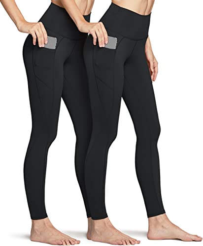 TSLA Women's Tummy Control Yoga Pants with High Waist and Running Yoga Leggings with Convenient Pockets for Workouts, Pocket Peachy 2pack Black/Black, Large