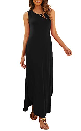 Hount Maxi Dress for Women Casual Summer Dresses 2024 Petite O Neck Sleeveless Sexy Split Sun Dresses with Pockets Black X-Large