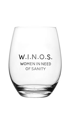 Lushy Wino – W.I.N.O.S. Women In Need Of Sanity Cute, Novelty, Etched Stemless 18-Ounce Wine Glass with Funny Sayings in Gift Box