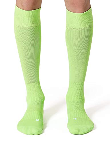 CelerSport 2 Pack Soccer Socks for Youth Kids Adult Over-The-Calf Socks with Cushion, Fluorescent Green (2 Pack), X-Small