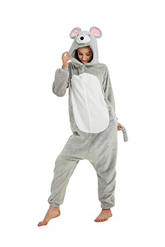 EJsoyo Onesie Adult Reindeer Costume Dinosaur Sleepwear Animal Lion Mouse Cosplay Pajama Teens Halloween Costume (Medium, A Mouse)