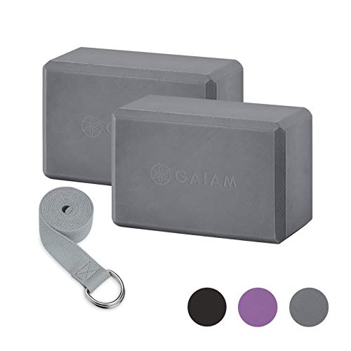 Gaiam Yoga Block 2 Pack & Yoga Strap Set - Yoga Blocks with Strap, Pilates & Yoga Props to Help Extend & Deepen Stretches, Yoga Kit for Stability, Balance & Optimal Alignment - Grey
