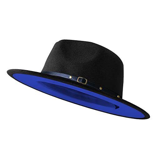 KUJUHA Wide Brim Fedora Two Tone Dress Hat, Black&blue, Large-X-Large