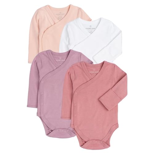 Baby Side Snap Bodysuit Set, 100% Cotton Boy Girl Unisex Kimono Onesie, 4 Pack (Pink Combo - Long Sleeve, 0-3 Months)