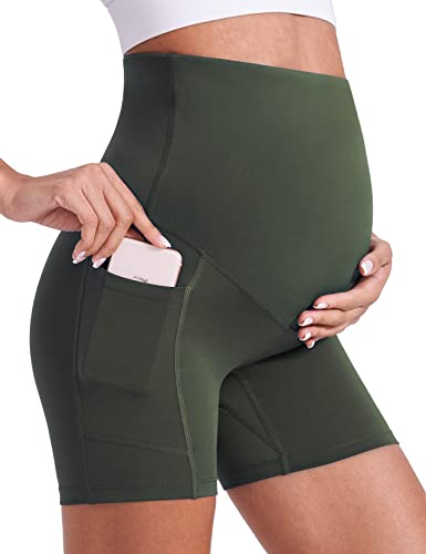 Enerful Women's Maternity Yoga Shorts Over The Belly Comfy Workout Running Active Biker Pregnancy Pants with Pockets 5' Dark Green Medium