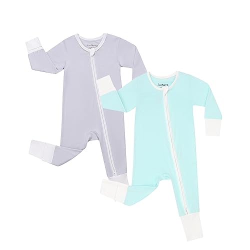 JunNeng Rayon from Bamboo Baby Romper Sleeper with Mitten Cuffs Feet,Newborn Boy Girl Zipper Snug Fit Sleep 'N Play，Green+Grey 0-3 Months